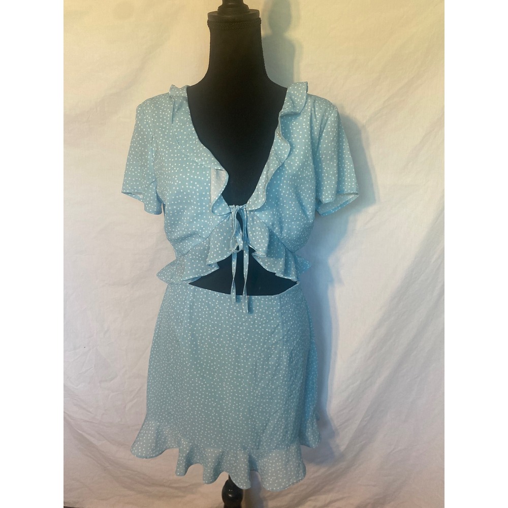 Superdown Light Blue Polka Dot Ruffle Crop Top Mini Dress Medium